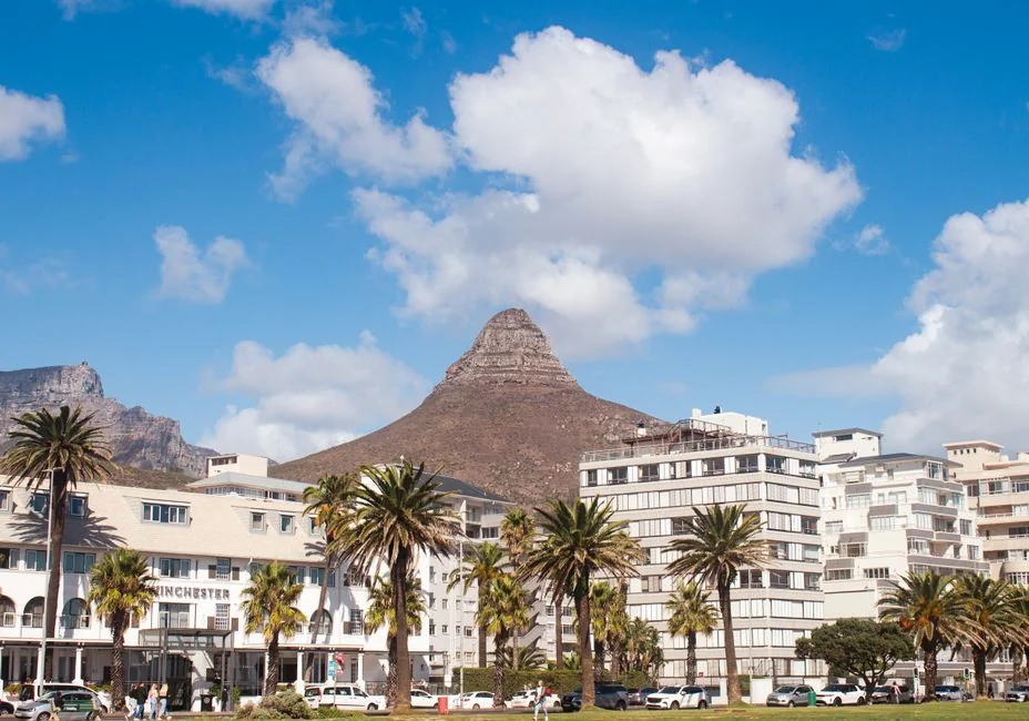 Lion’s Head boven de gebouwen en de met palmen omzoomde straten van Kaapstad
